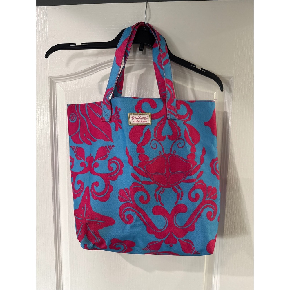 Lilly Pulitzer Estee Lauder Canvas Tote Bag Blue Pink Crab Starfish Beach Bag
